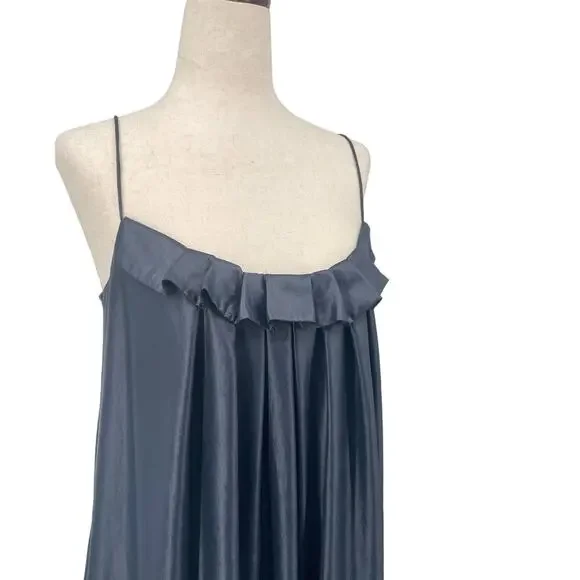 L'AGENCE Trapeze Slip Maxi Ruffle SM Metallic Blue Pockets Formal Evening‎